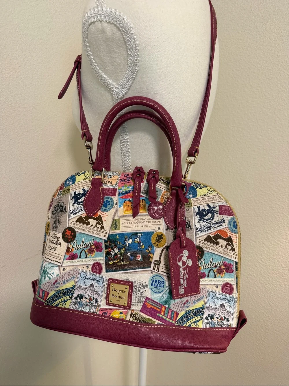 Dooney & Bourke Multicolor Disney Vacation Club Dome Satchel Burgundy Trim Purse
